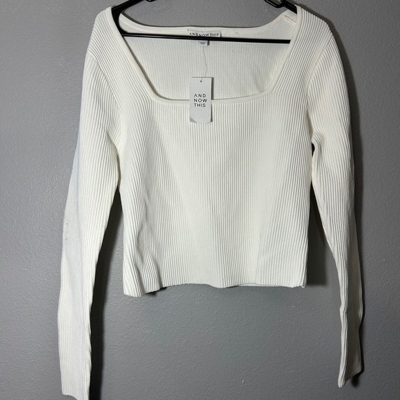 And Now This Ribbed Knit Top Square Neck Long Sleeve Cropped White Size L NWT - Picture 2 of 6